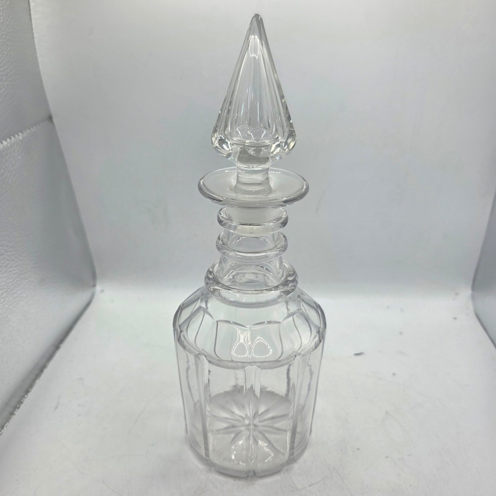 Vintage Clear Crystal Decanter 3 Ring Neck Spear Stopper Starburst Base Barware